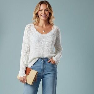 Vintage 80s 90s Herald‎ House Sweater Women's M White Crochet Knit USA Made